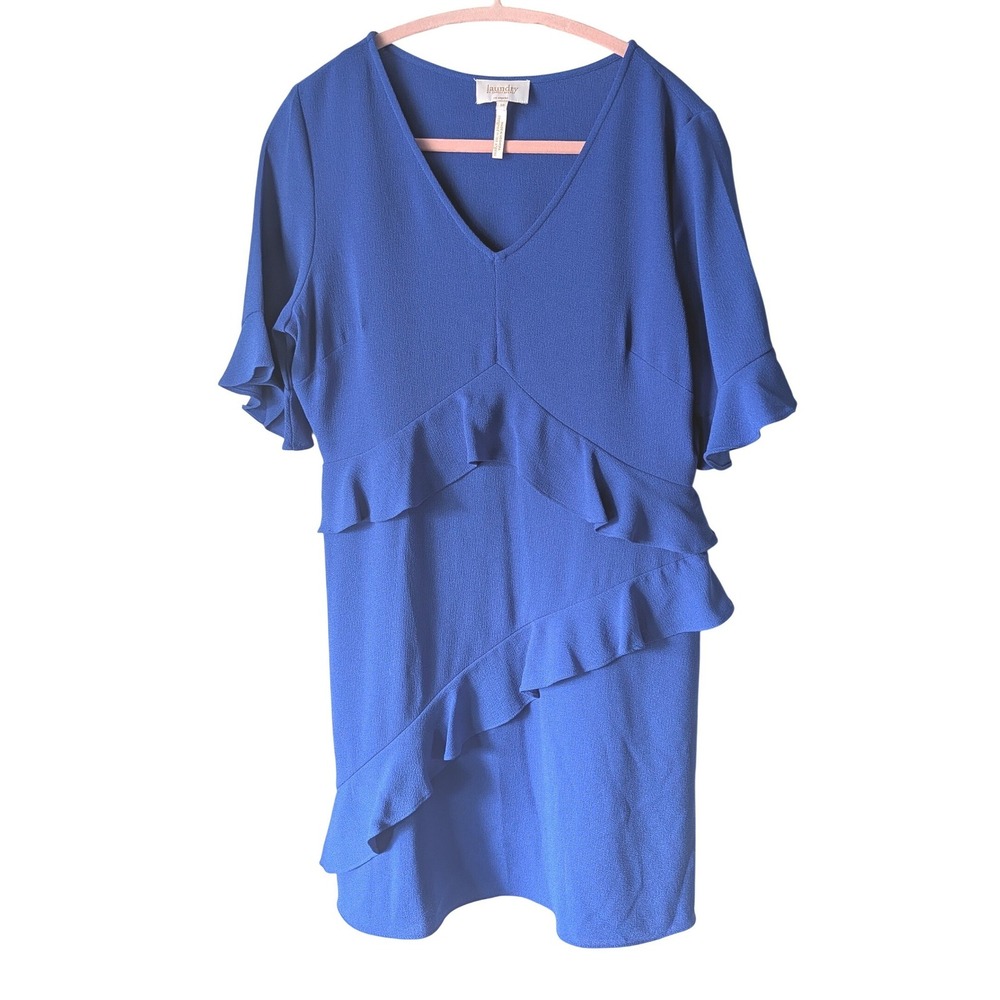 Laundry by Shelli Segal Ruffle Dress Women 10 Blue V-Neck Cocktail LS811358